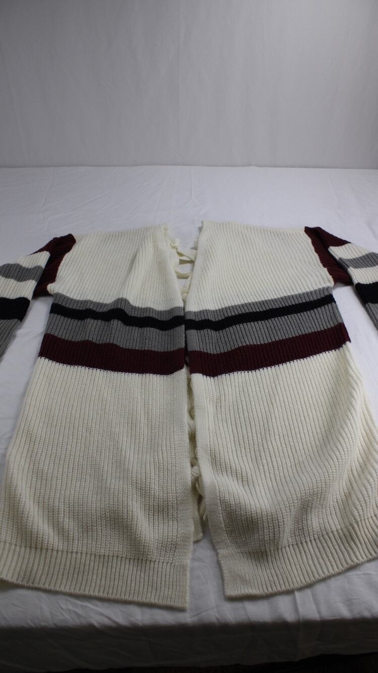No Comment NY LA Womens L Lace Up Back Sweater Cream Burgundy Gray Striped Knit